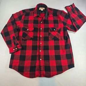 Trails End Mens Red Black Buffalo Plaid Flannel Shirt Vintage Heavyweight Large